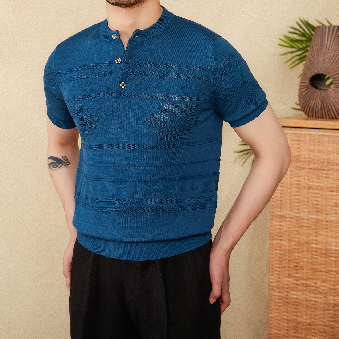 Jacquard Tencel Cotton Blended Knitted Henley Shirt Short-sleeved T-shirt
