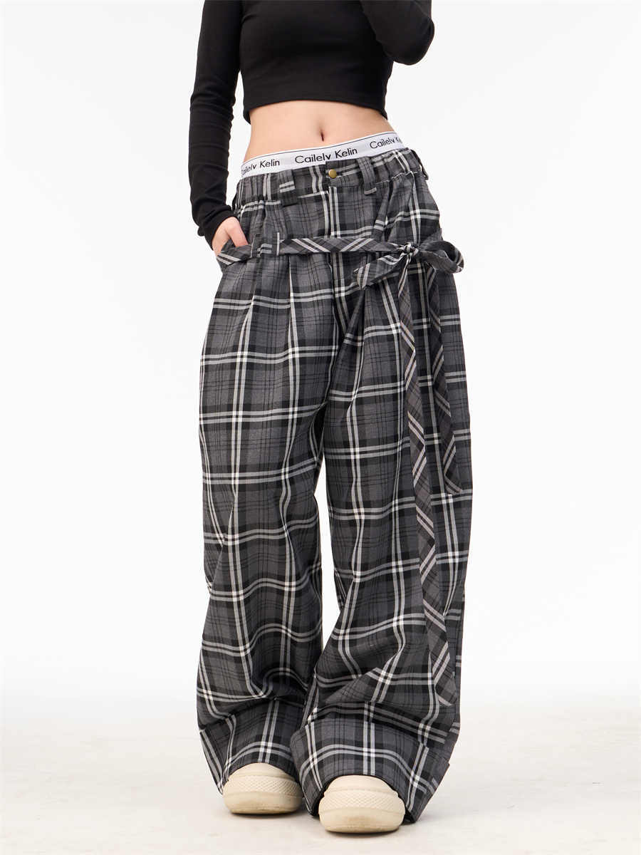 American-style Retro Plaid Ribbon Elastic Waist Wide-leg Pants