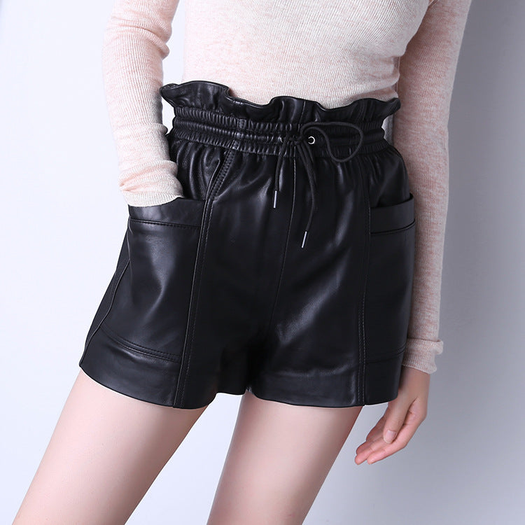 Drawstring Pocket Casual Leather Sheepskin Shorts