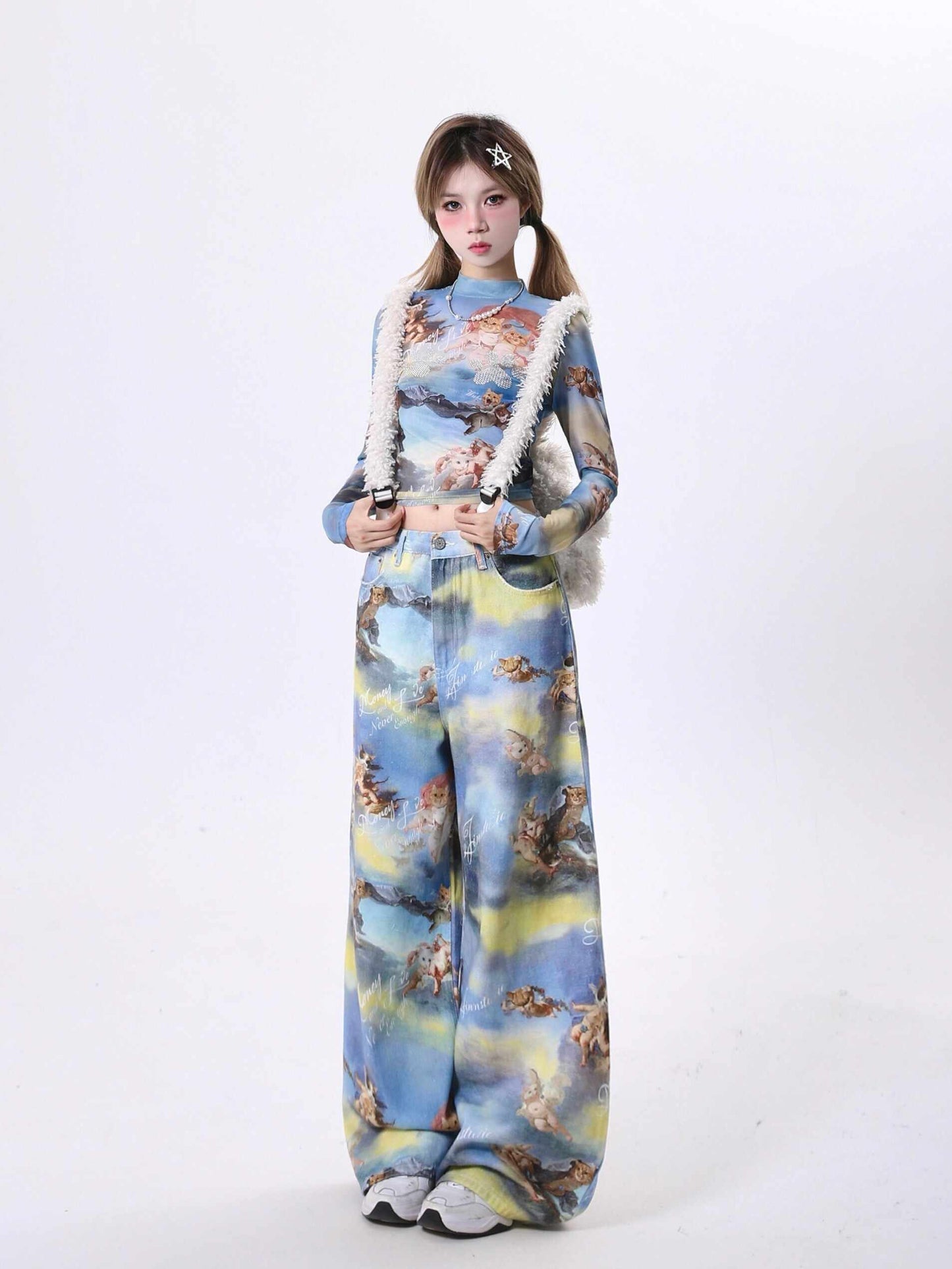 Casual Angel Kitten Oil Painting Printing Wide Leg Pants