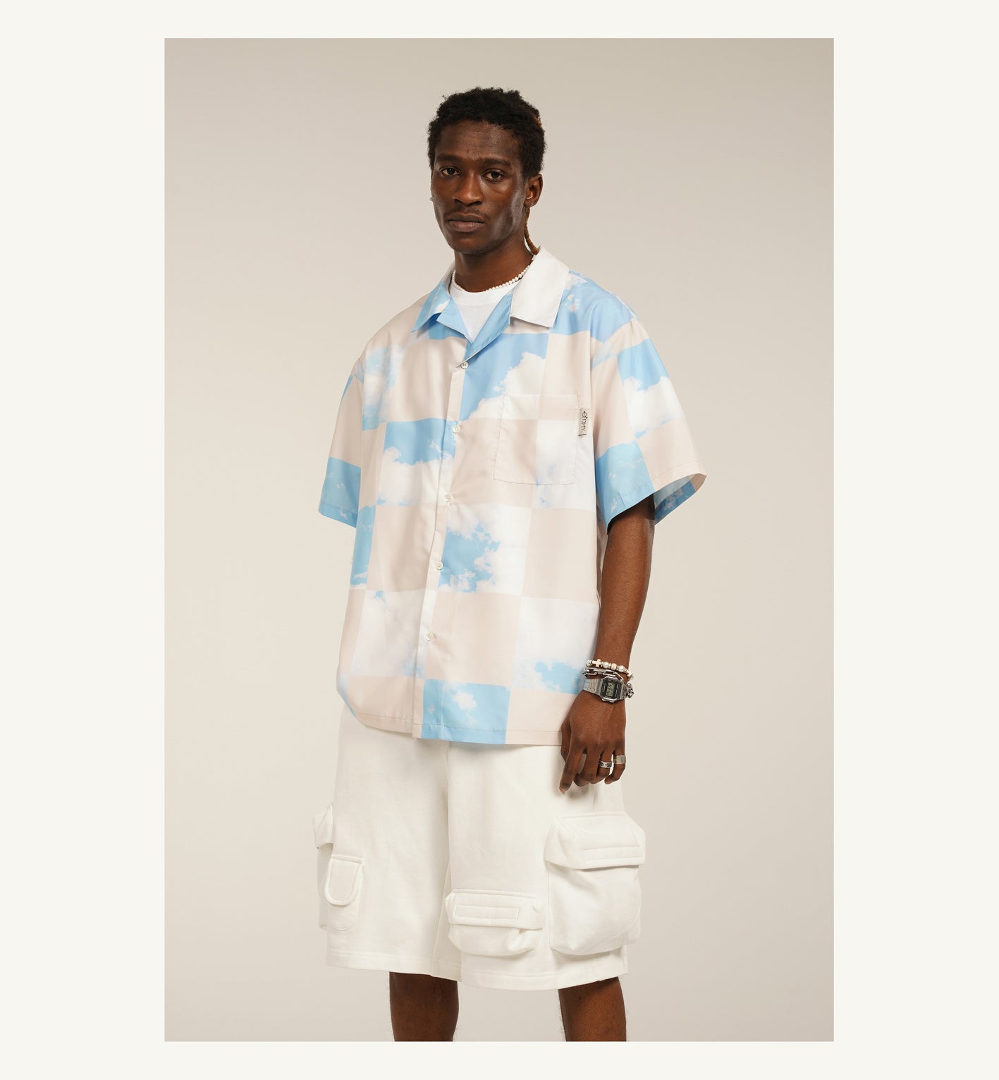 Blue Checkerboard Plaid Sky Print Short Sleeve Shirt Men's Loose Casual Shirt