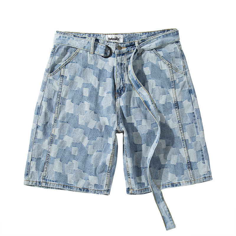 European And American High Street Ins Washed Blue Plaid Straight Loose Five-Point Denim Shorts