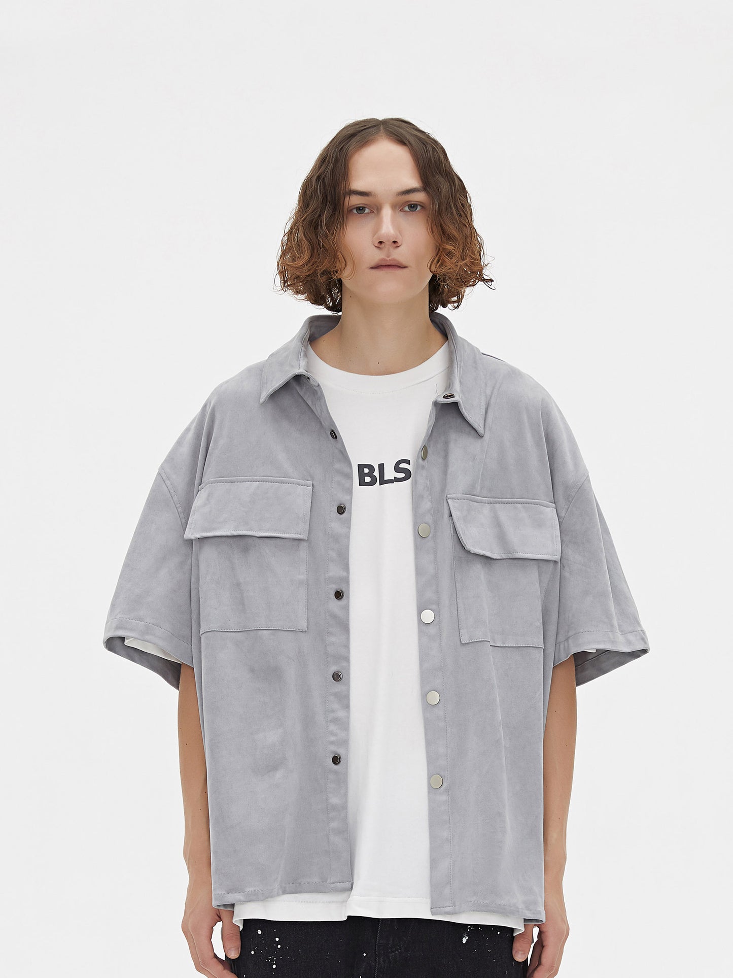 Suede Half Sleeve Shirt Jacket With Multiple Pockets