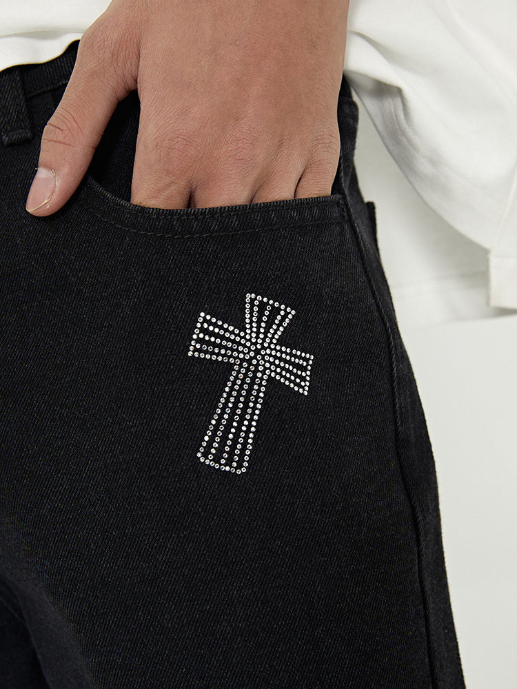 Retro Cross Hot Rhinestone Black Jeans