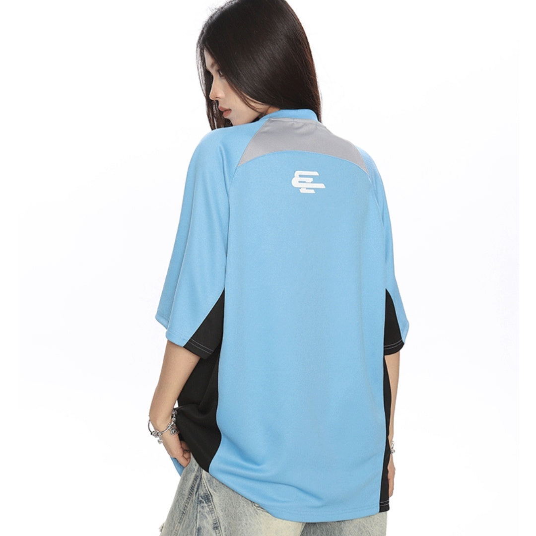 Female Color Blocked Patchwork Small V-neck Raglan Short Sleeved Shirt