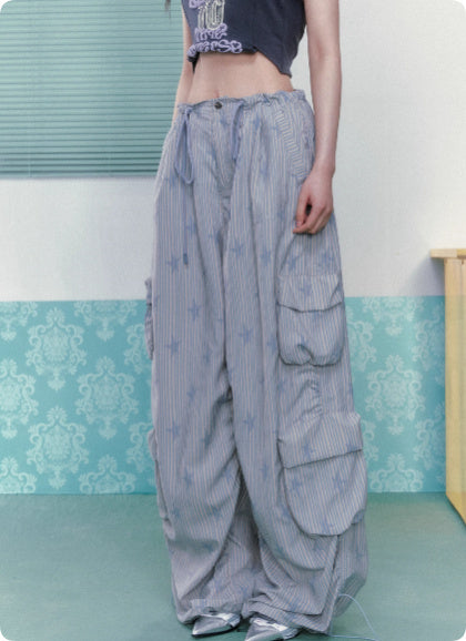 Multi Pocket Ice Print Drawstring Workwear Straight Leg Pants For Women