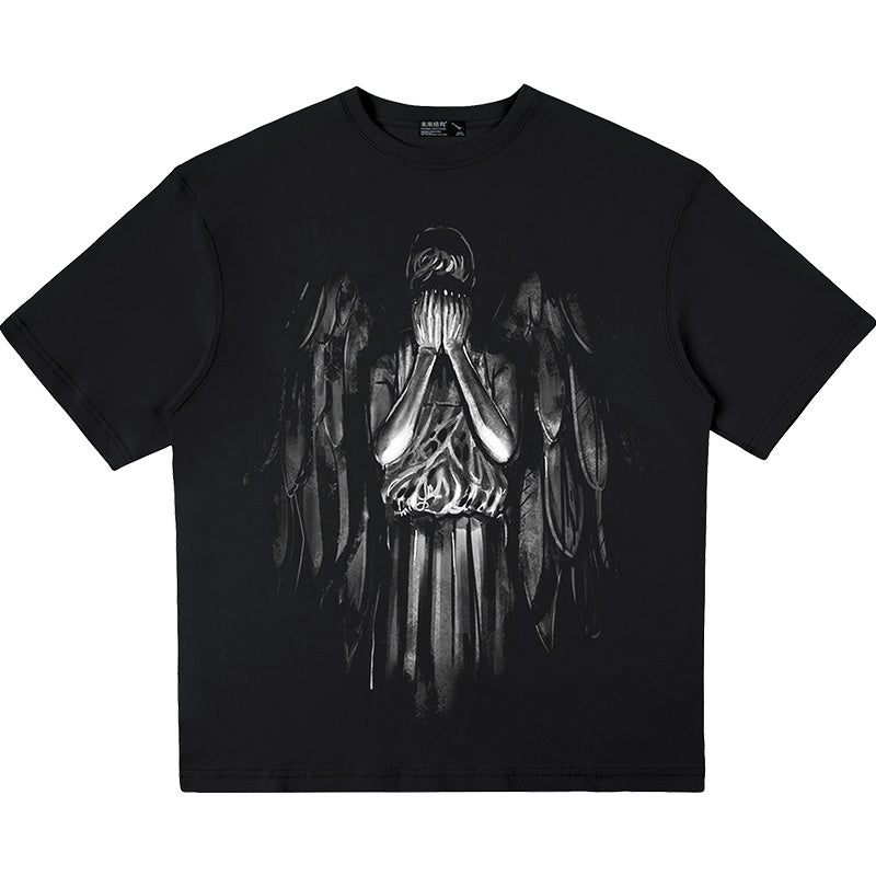 Angel Print Short Sleeve T-Shirt Loose Cotton Crew Neck