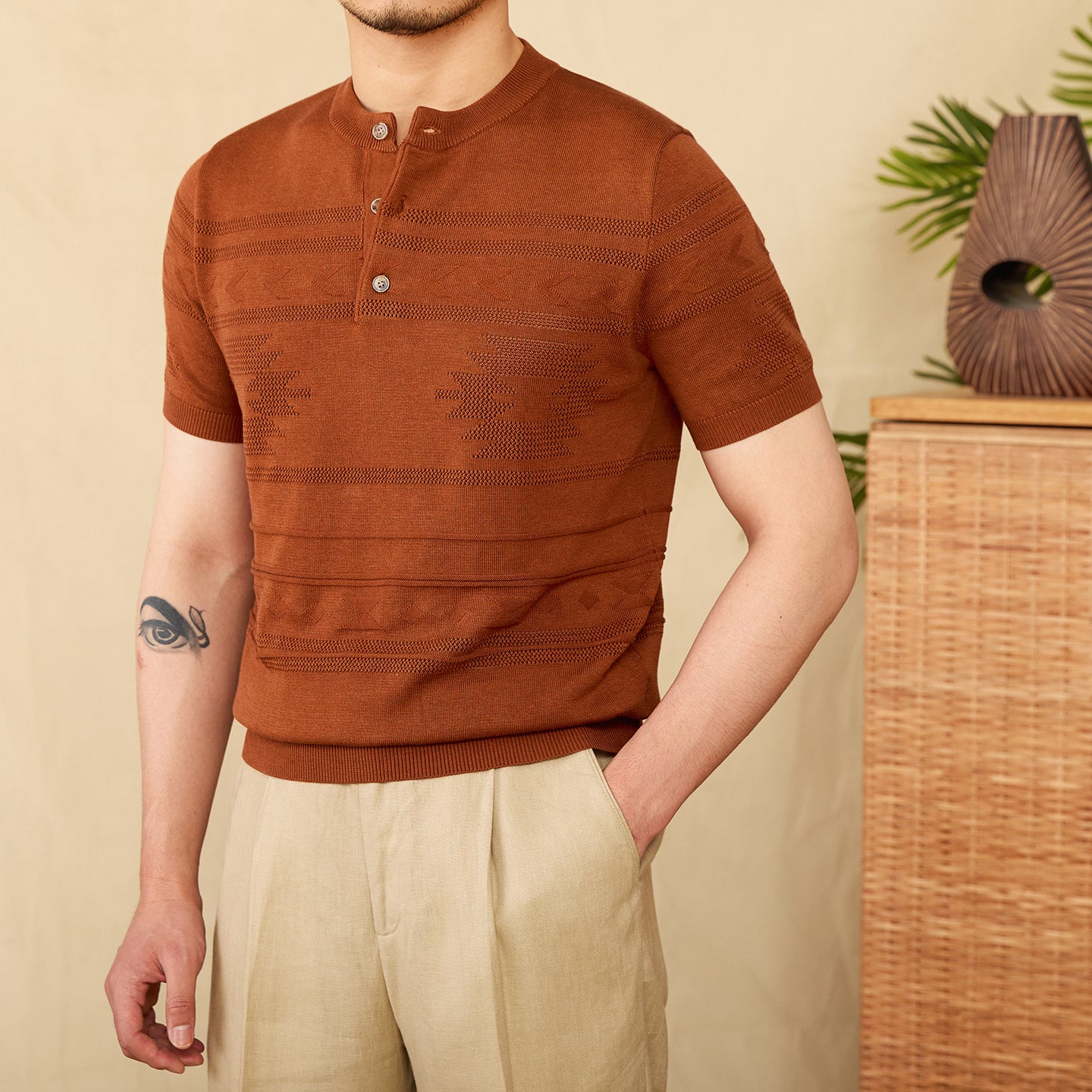 Jacquard Tencel Cotton Blended Knitted Henley Shirt Short-sleeved T-shirt