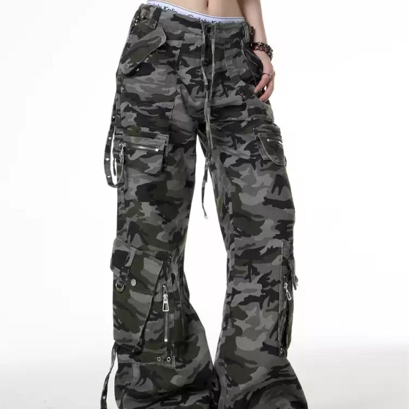 Retro Camouflage Cargo Pants Design Low Waist Loose