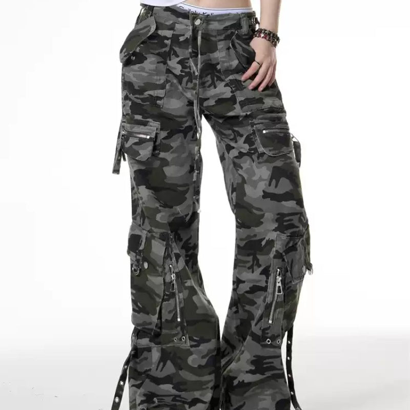 Retro Camouflage Cargo Pants Design Low Waist Loose