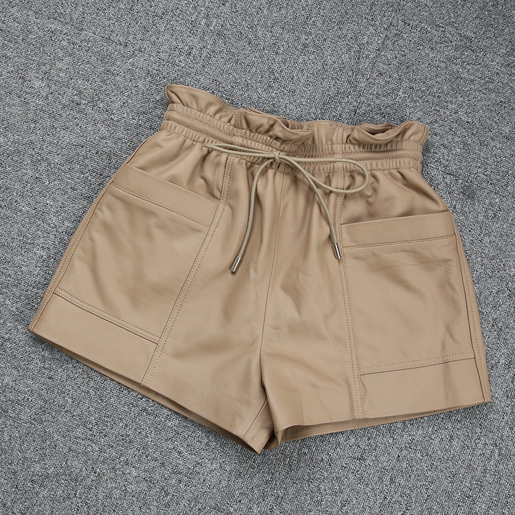 Drawstring Pocket Casual Leather Sheepskin Shorts