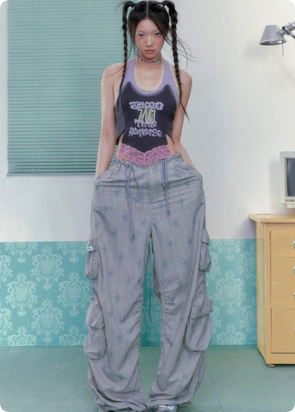 Multi Pocket Ice Print Drawstring Workwear Straight Leg Pants For Women