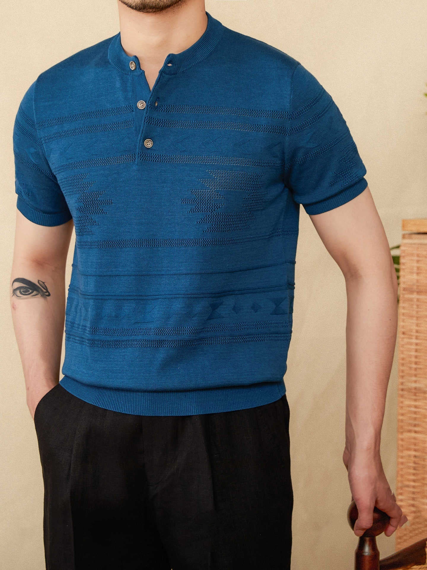Jacquard Tencel Cotton Blended Knitted Henley Shirt Short-sleeved T-shirt