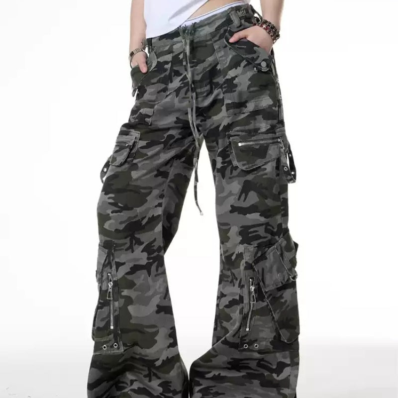 Retro Camouflage Cargo Pants Design Low Waist Loose
