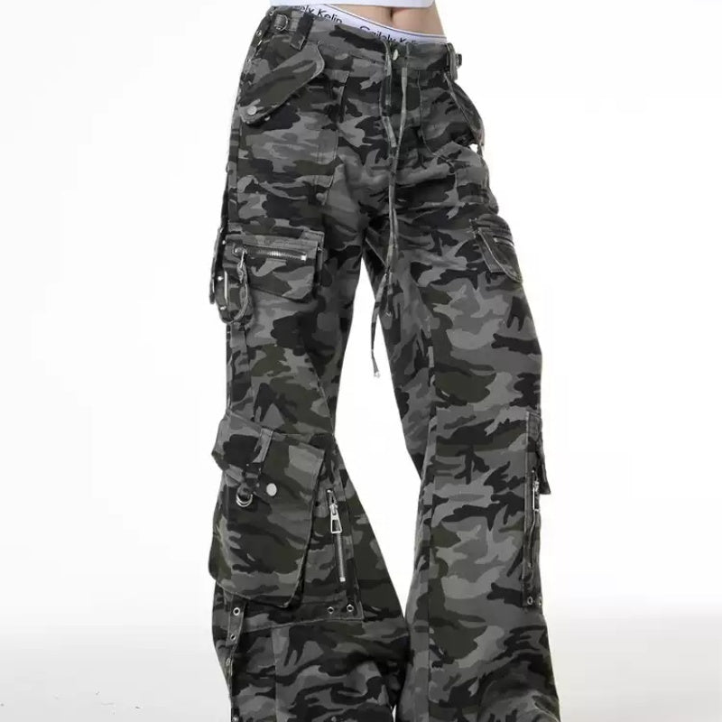 Retro Camouflage Cargo Pants Design Low Waist Loose