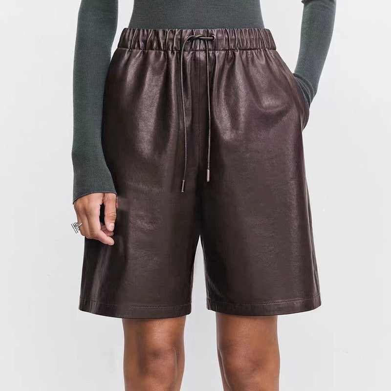 Sheepskin Elastic Waistband All-match Casual Straight-leg Leather Shorts Women