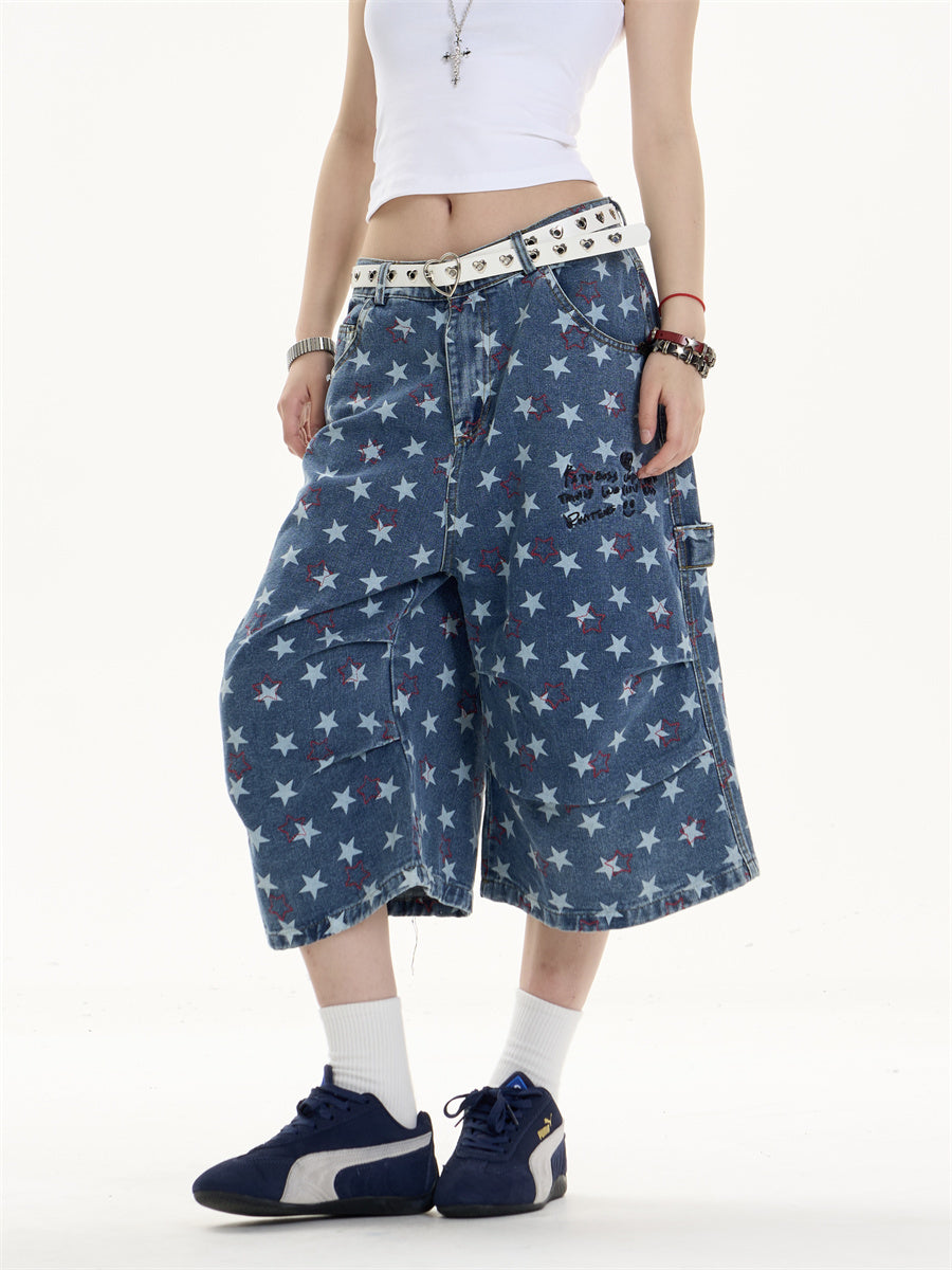 Printed Denim Cropped Loose Wide Leg Pants