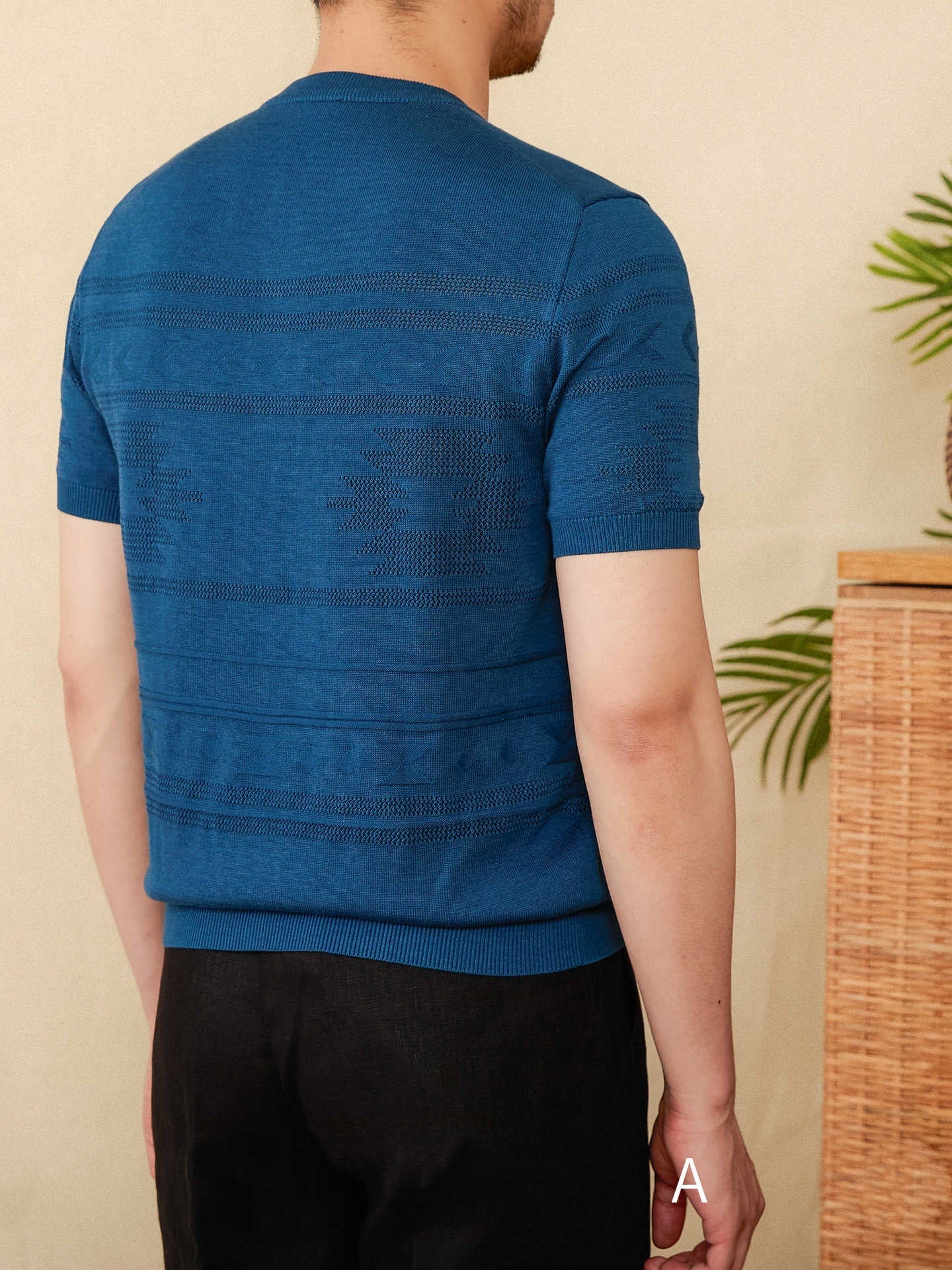 Jacquard Tencel Cotton Blended Knitted Henley Shirt Short-sleeved T-shirt
