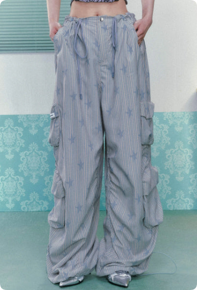 Multi Pocket Ice Print Drawstring Workwear Straight Leg Pants For Women