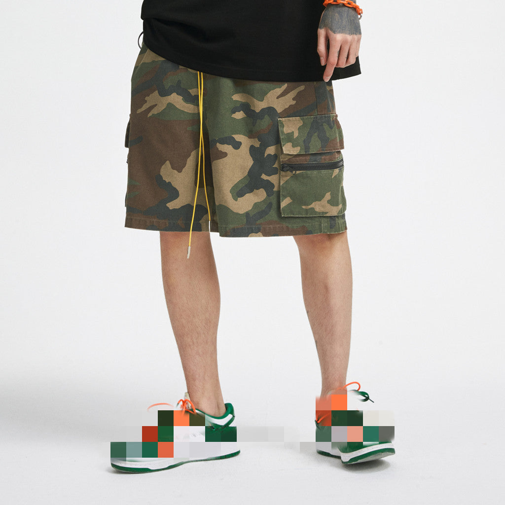 Summer Washed And Old Retro Camouflage Zipper Casual Shorts Men'S Trend