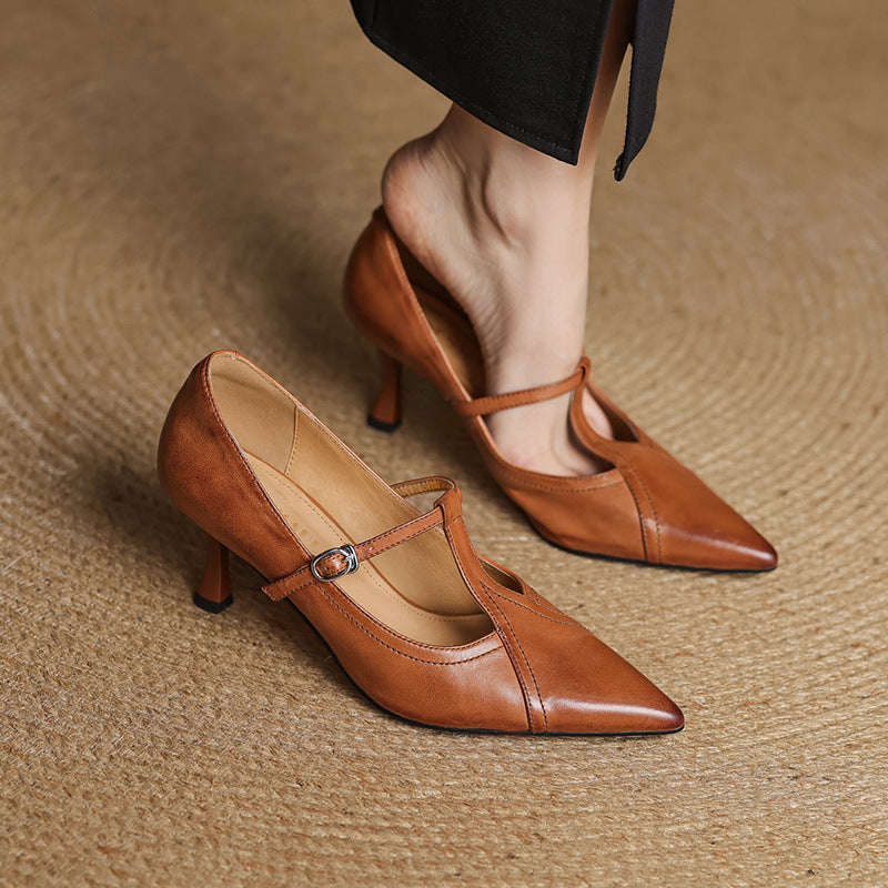 Korean Style T-buckle Strap Stiletto Heel Shoes For Four Seasons