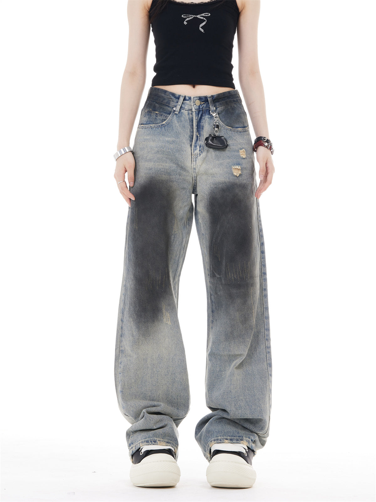 Retro High Waist Wide Leg Ripped Jeans