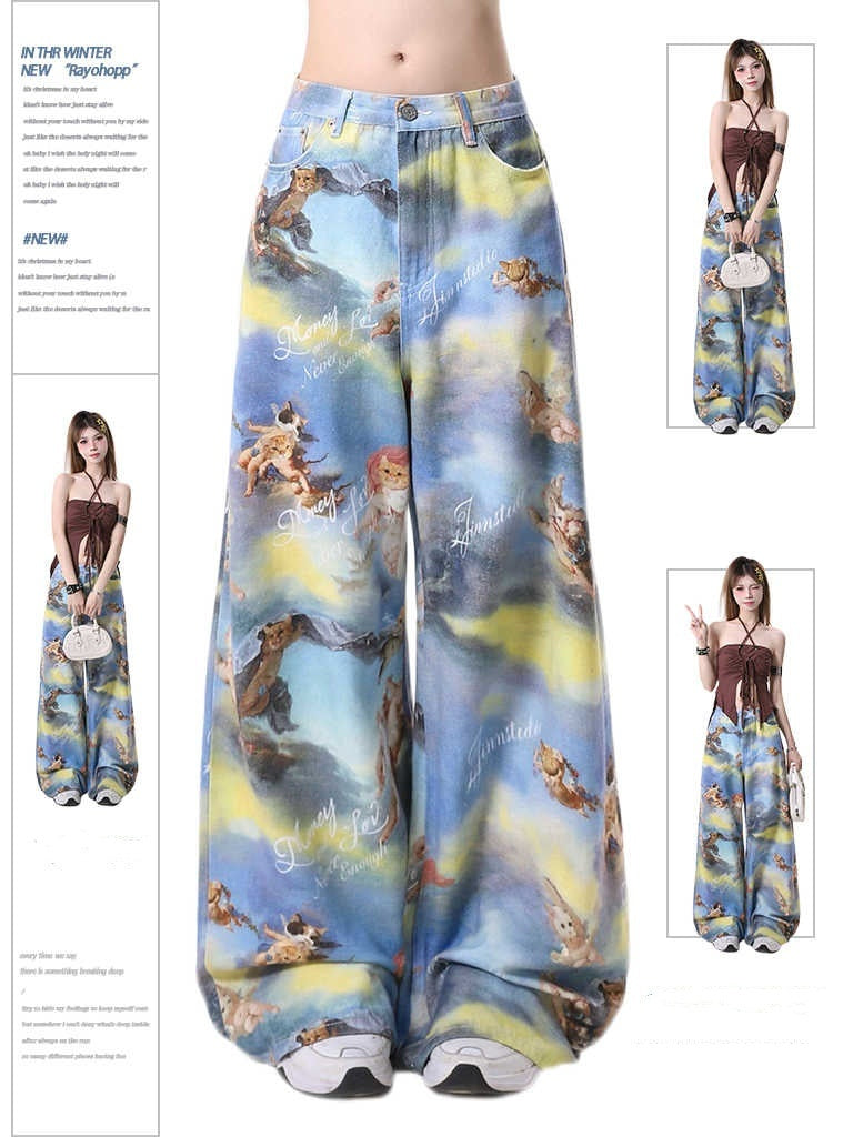 Casual Angel Kitten Oil Painting Printing Wide Leg Pants