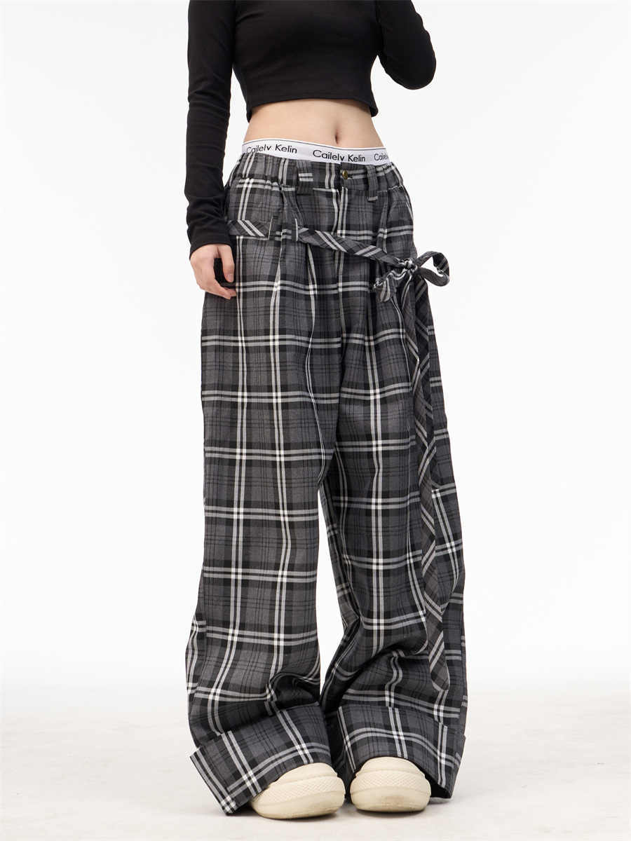 American-style Retro Plaid Ribbon Elastic Waist Wide-leg Pants