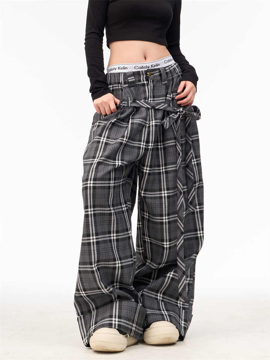 American-style Retro Plaid Ribbon Elastic Waist Wide-leg Pants