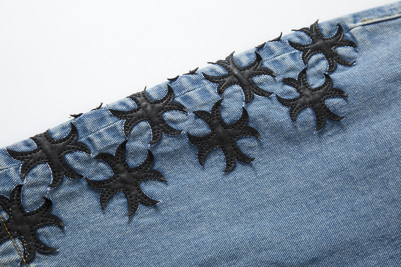 European And American High Street Leather Denim Shorts