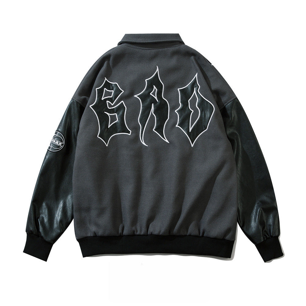 Men's Embroidered Letters PU Leather Sleeve Stitching Baseball Uniform