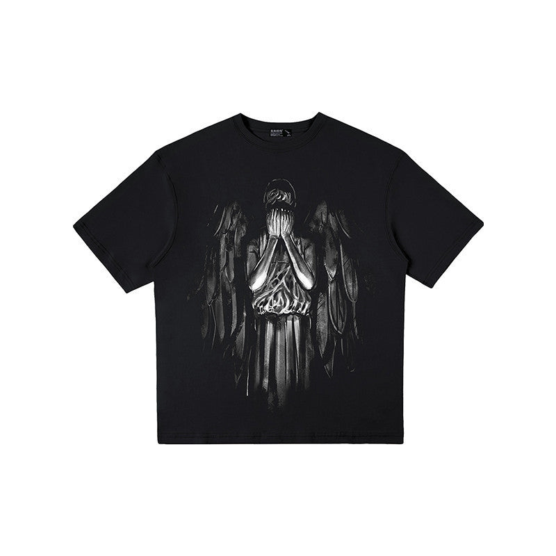 Angel Print Short Sleeve T-Shirt Loose Cotton Crew Neck