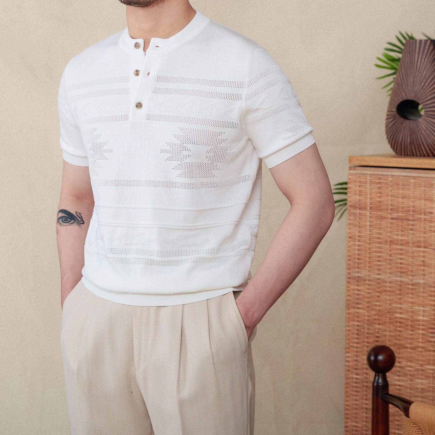 Jacquard Tencel Cotton Blended Knitted Henley Shirt Short-sleeved T-shirt