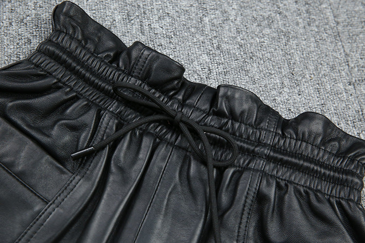 Drawstring Pocket Casual Leather Sheepskin Shorts