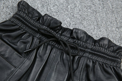 Drawstring Pocket Casual Leather Sheepskin Shorts