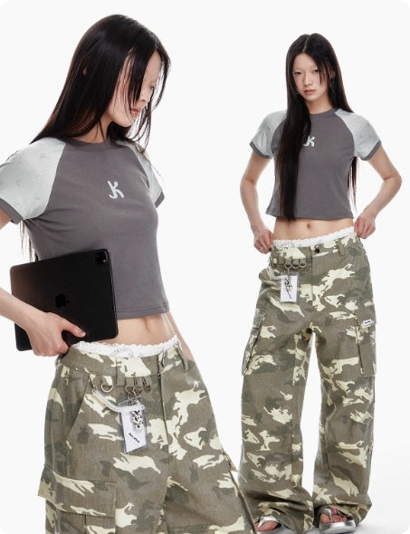 Imitation Sand Washed And Worn Faded White Multi Pocket Camouflage Jeans