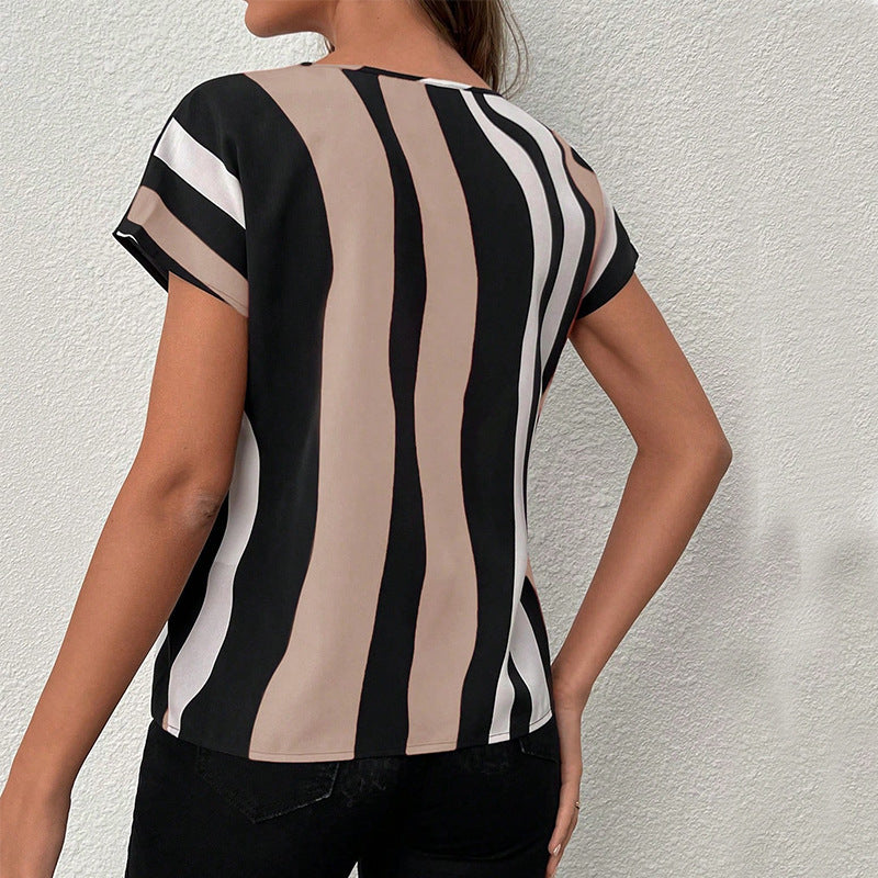 Summer Vacation Style European And American Striped Shirt V-neck Short Sleeve Pullover