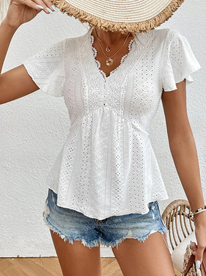 Summer New Flounced Sleeve Lace V-neck Stitching Hollow Jacquard Short-sleeved Top