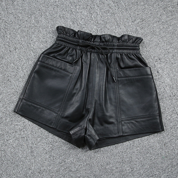 Drawstring Pocket Casual Leather Sheepskin Shorts