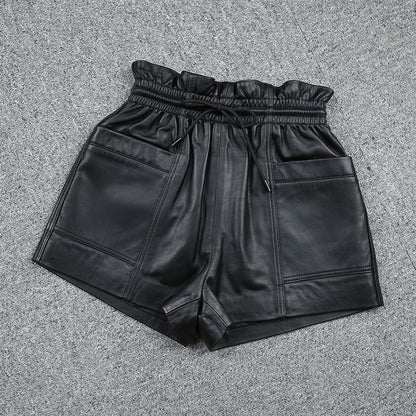 Drawstring Pocket Casual Leather Sheepskin Shorts