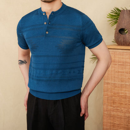 Jacquard Tencel Cotton Blended Knitted Henley Shirt Short-sleeved T-shirt