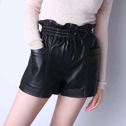 Drawstring Pocket Casual Leather Sheepskin Shorts