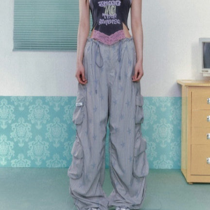 Multi Pocket Ice Print Drawstring Workwear Straight Leg Pants For Women