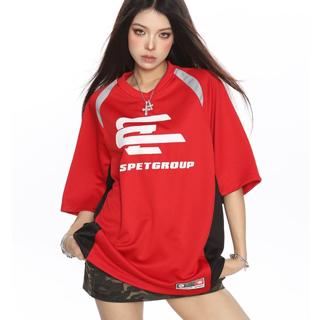 Female Color Blocked Patchwork Small V-neck Raglan Short Sleeved Shirt