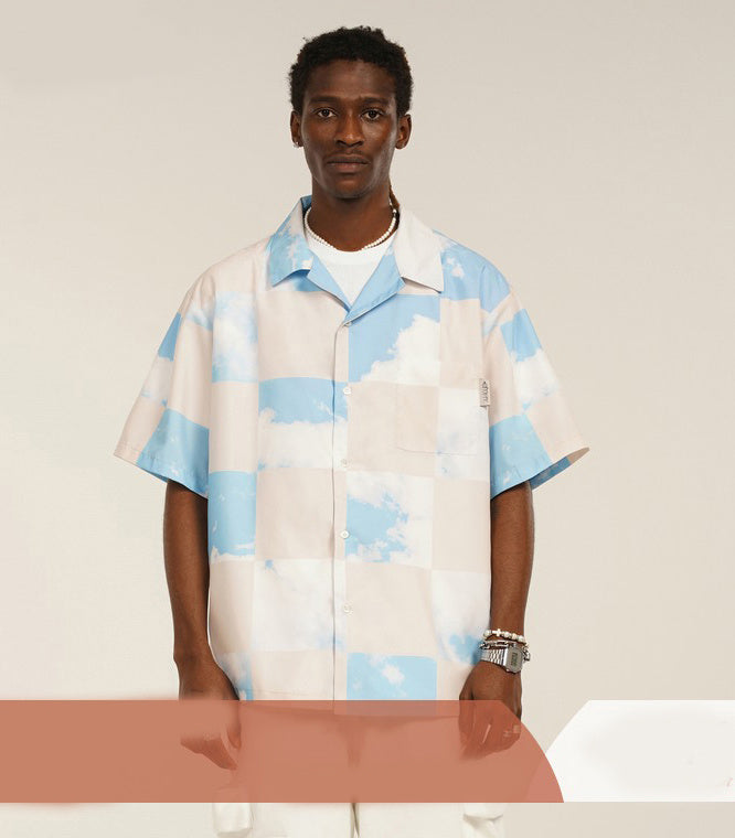Blue Checkerboard Plaid Sky Print Short Sleeve Shirt Men's Loose Casual Shirt