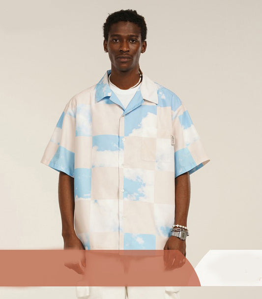 Blue Checkerboard Plaid Sky Print Short Sleeve Shirt Men's Loose Casual Shirt