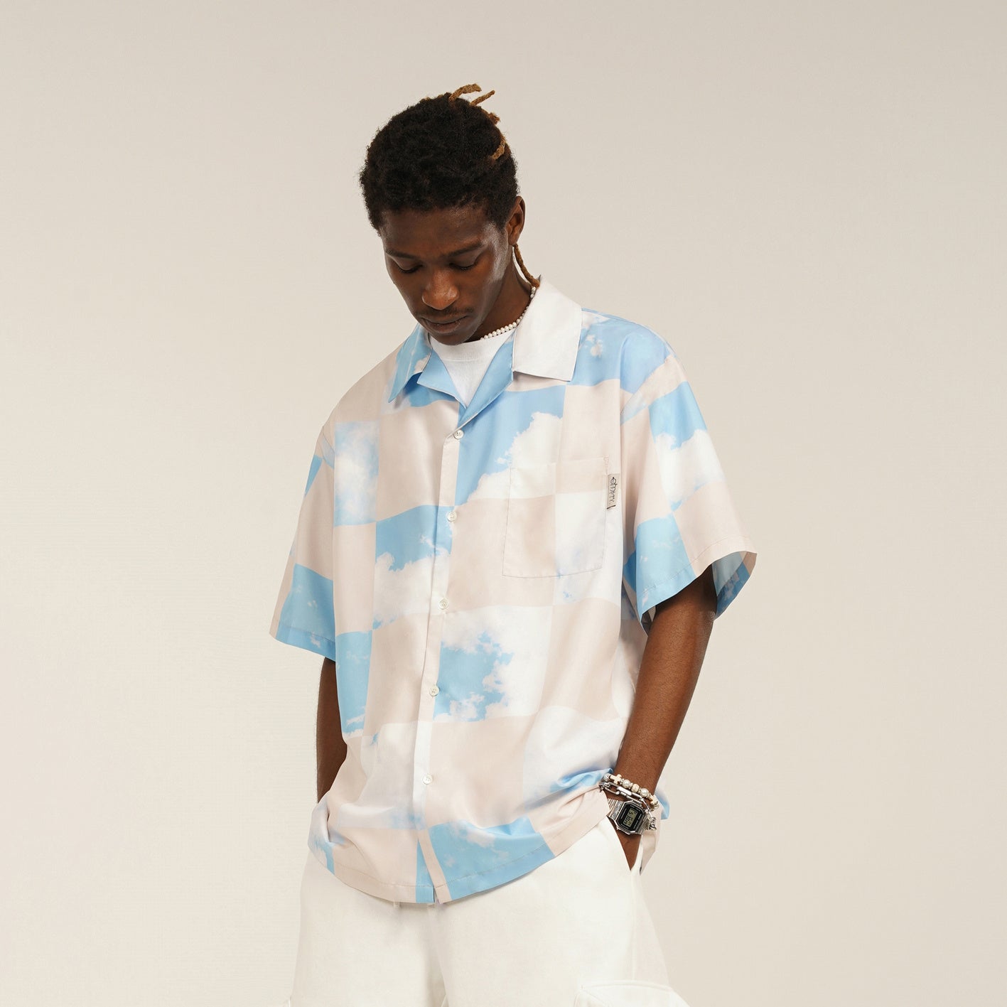 Blue Checkerboard Plaid Sky Print Short Sleeve Shirt Men's Loose Casual Shirt