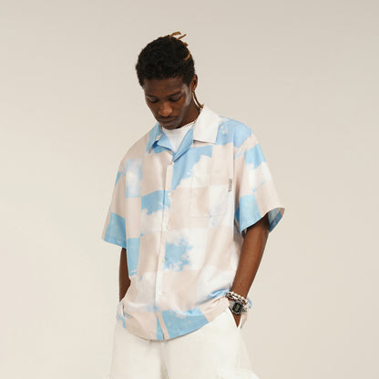 Blue Checkerboard Plaid Sky Print Short Sleeve Shirt Men's Loose Casual Shirt