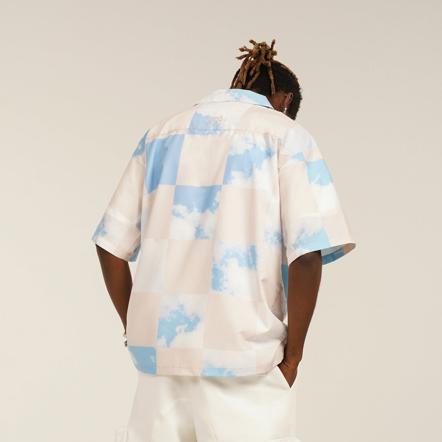 Blue Checkerboard Plaid Sky Print Short Sleeve Shirt Men's Loose Casual Shirt