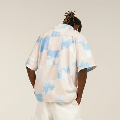 Blue Checkerboard Plaid Sky Print Short Sleeve Shirt Men's Loose Casual Shirt